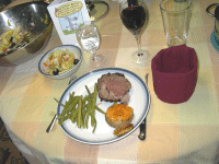 Prime Rib, Steamed Vegetables, Twice-Baked Potato, Wild Horse Merlot (2000), Italian Salad